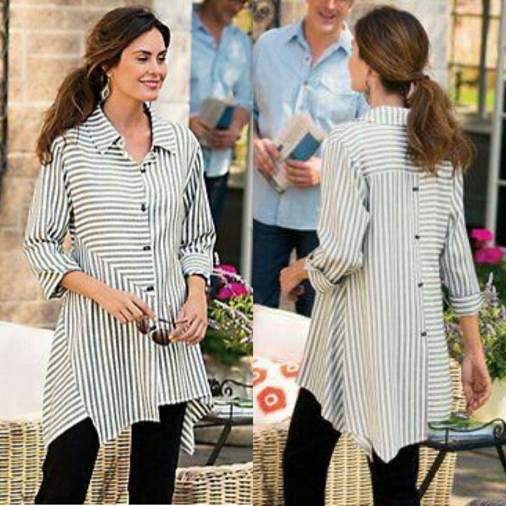 Soft Surroundings Tunic Top Women Large Grey‎ White Striped Asymmetrical